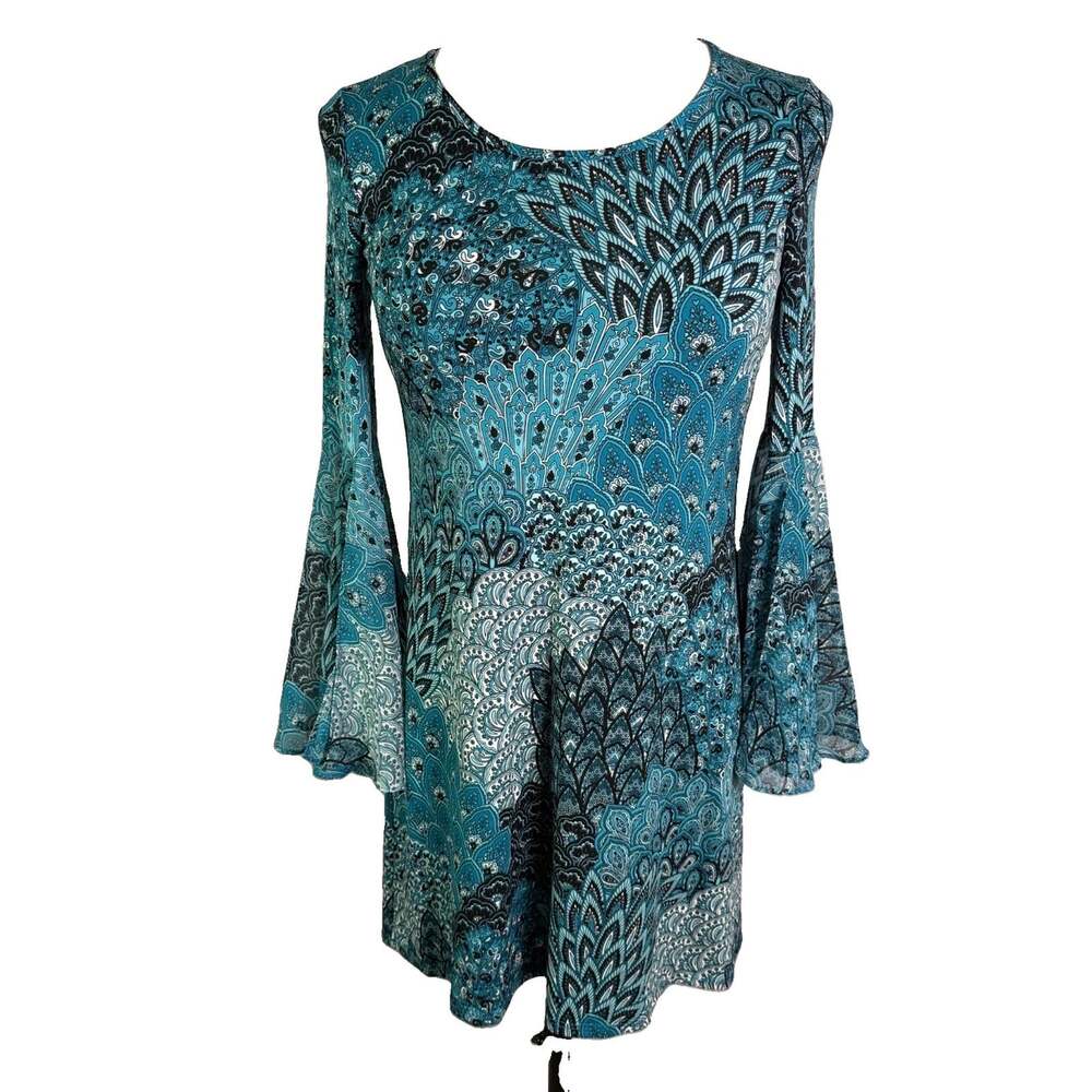 MSK Dress Sz Small Teal Paisley Feather Print Bell Sleeve Boho Dress Mini Tunic